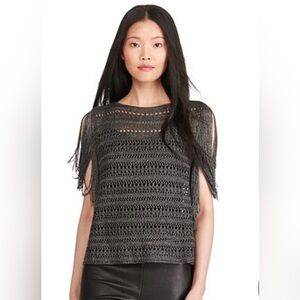 Polo Ralph Lauren Fringe Metallic Sweater XS Crochet Knit Pullover Grunge Rocker